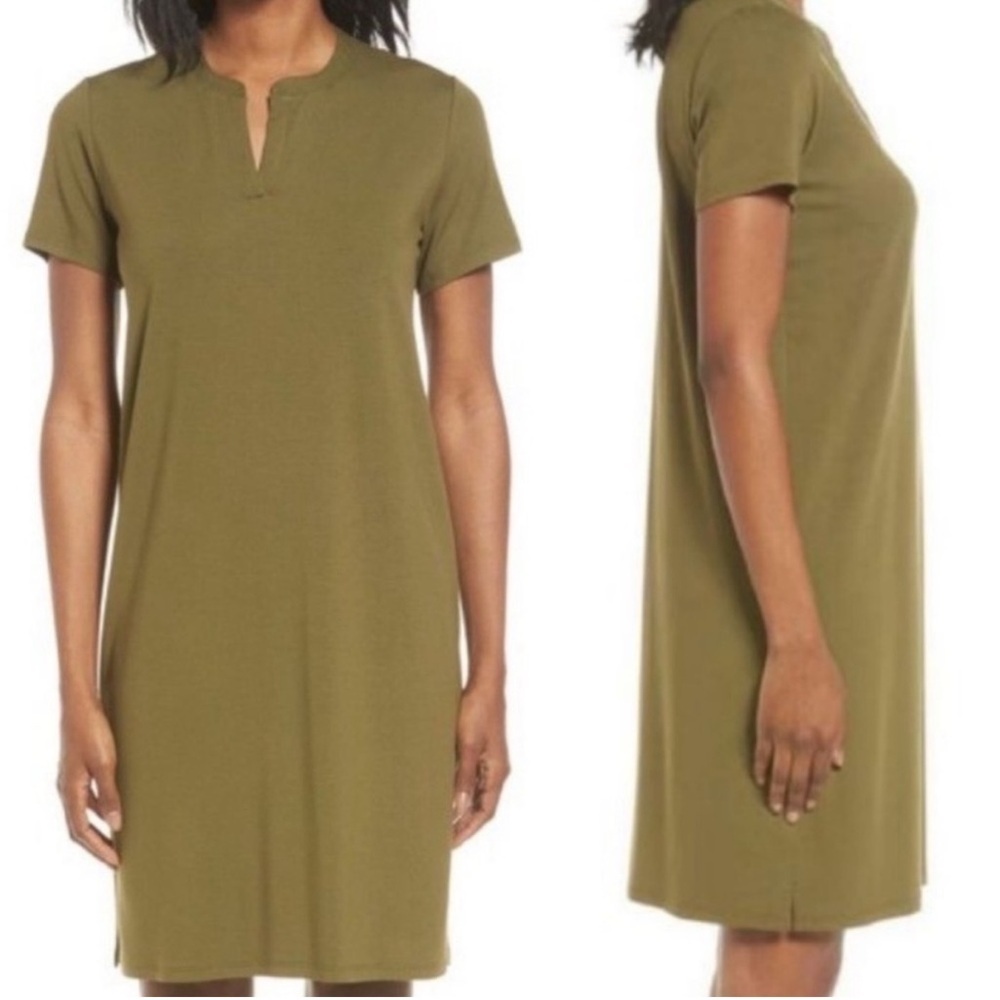 EILEEN FISHER Green Lagenlook Split Neckline Mini Dress